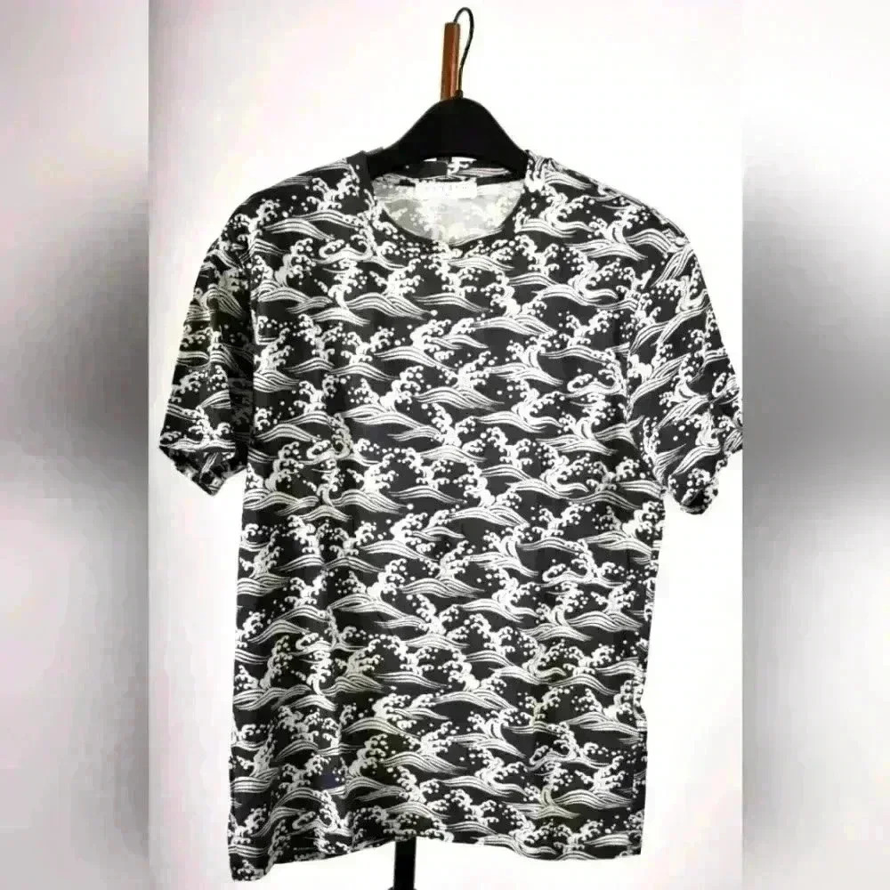 SANDRO Navy  Blue White Hokusai Wave Pattern Cotton Crewneck Tee Small Portugal